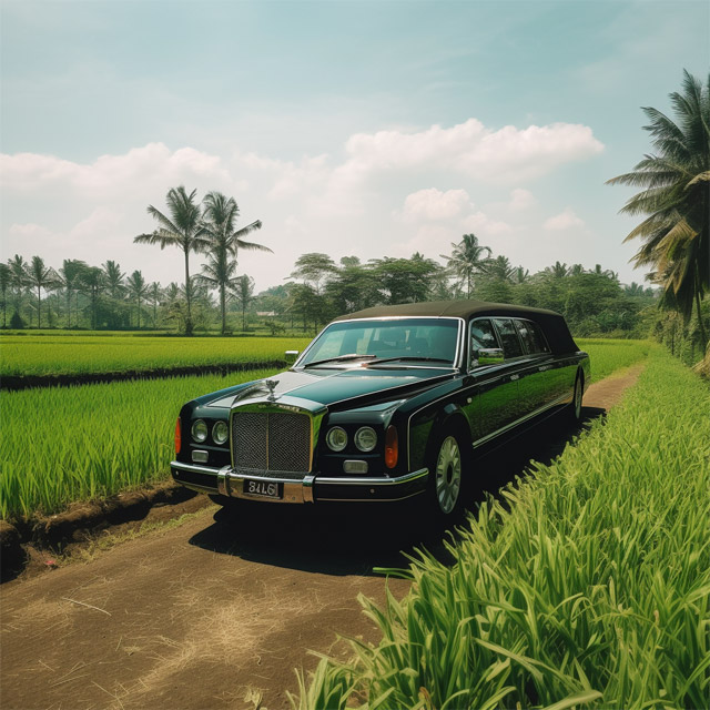 Recreacion por IA de limusina en campos de arroz de Bali